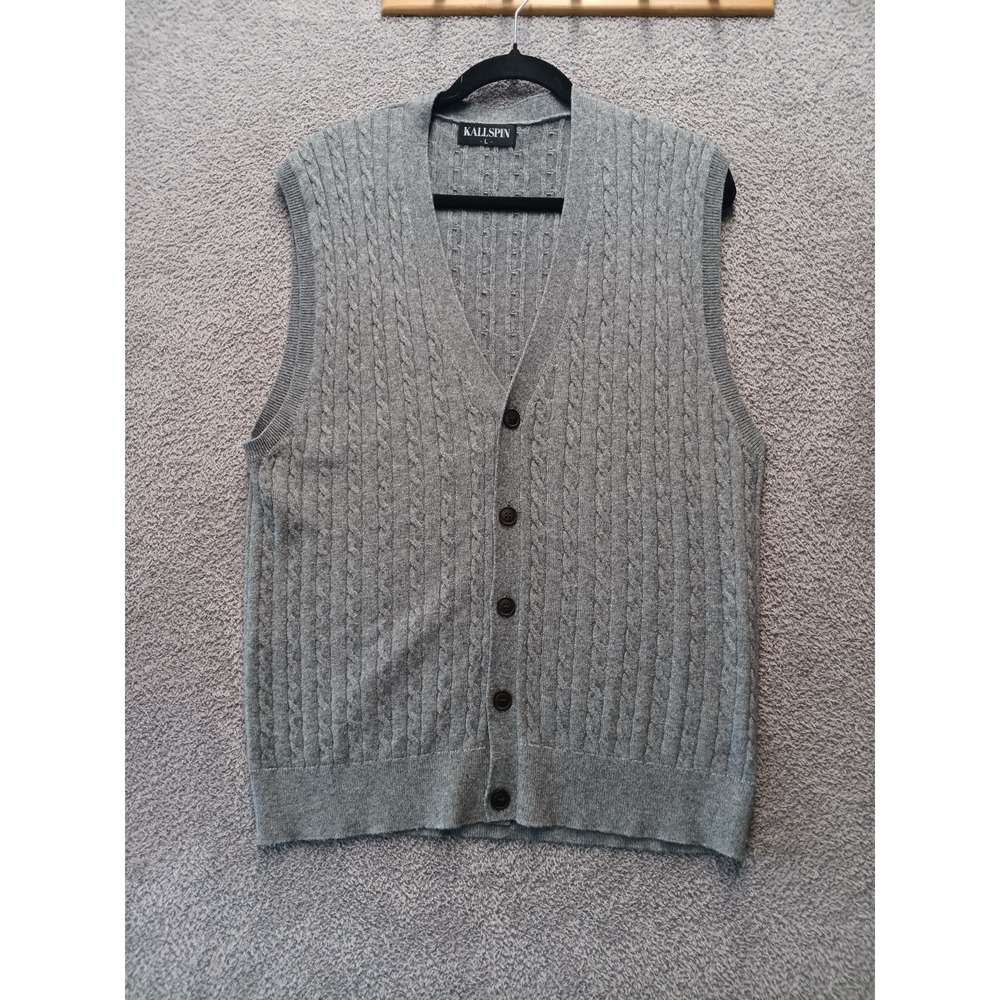 Kallspin Men L Gray Cable Knit Golf Vest‎ Cashmere Blend Preppy Old Money